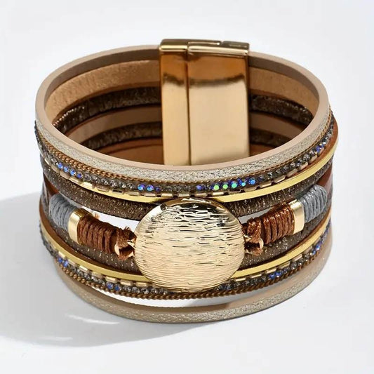 Golden Multi-Strand Leather Wrap Bracelet