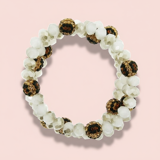 White Faceted & Leopard Bead Bracelet Trio